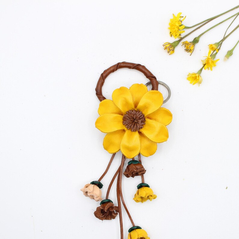 Genuine Handmade Leather flower Keychain purse charm