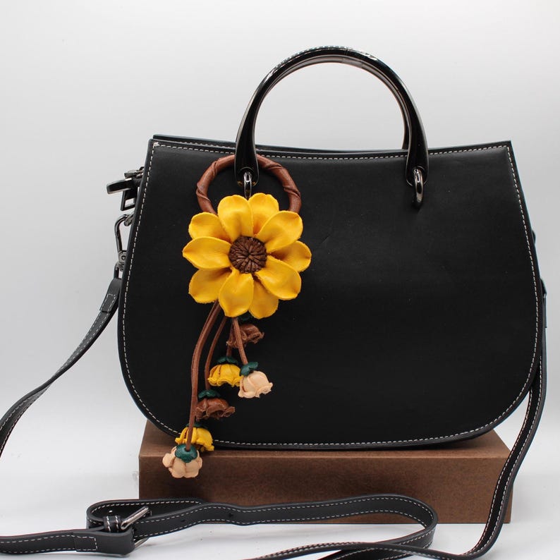 Genuine Handmade Leather flower Keychain purse charm