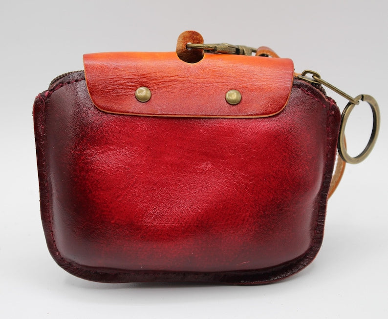 Genuine Handmade Leather Ladybug with Leaf Coin Purse / Wallet / Wristlet