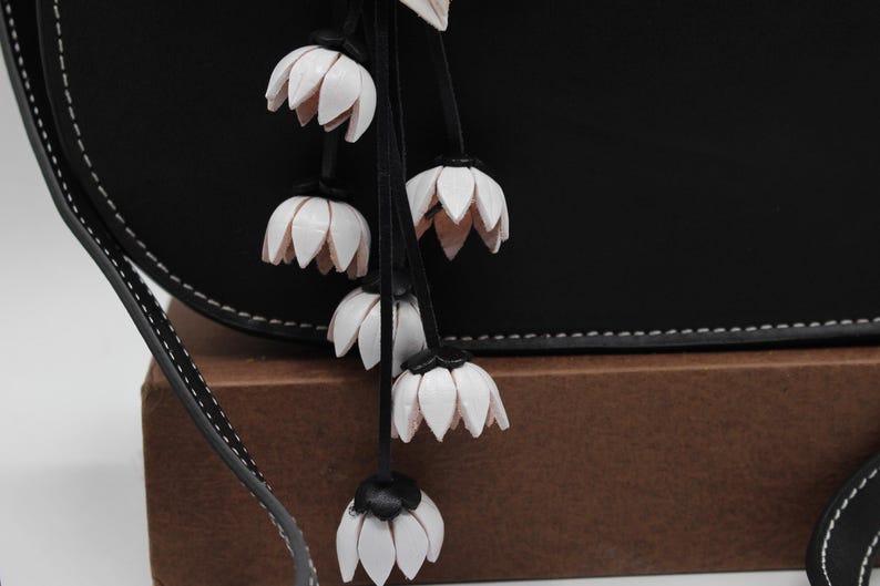 Genuine Handmade Leather Flower Keychain daisy purse charm bag charm (Black and White)