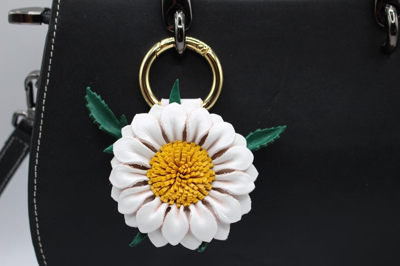 Genuine Handmade Leather Flower Keychain sunflower purse charm bag charm (White, Yellow)