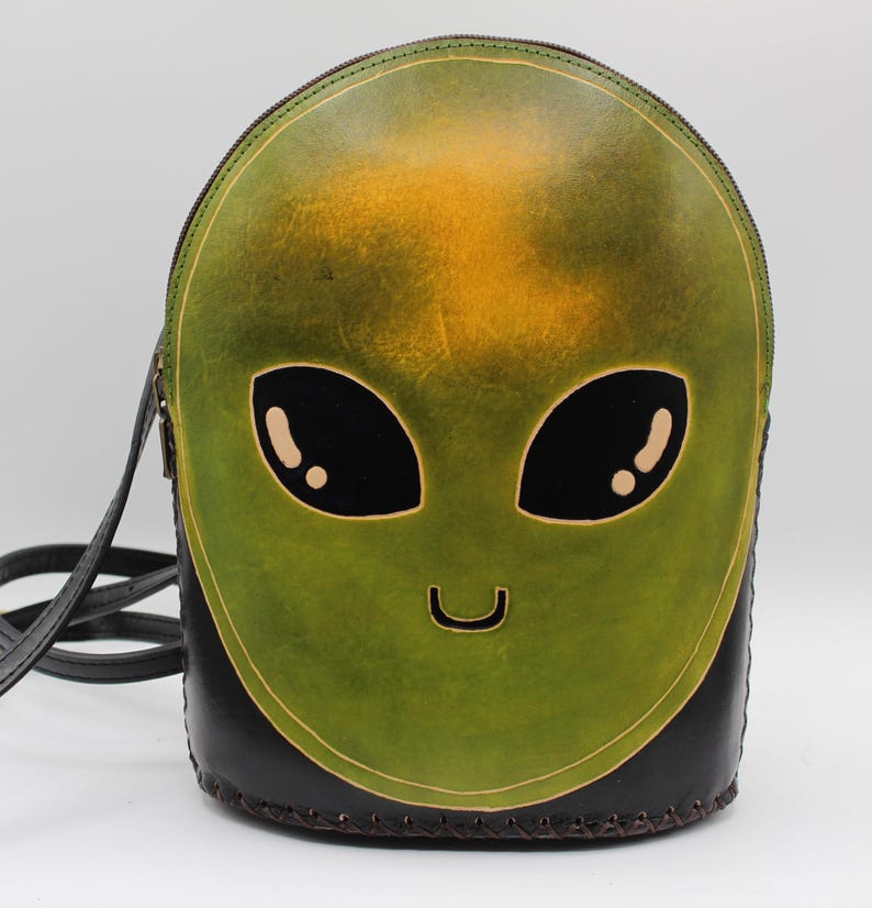Handmade Genuine Leather Alien-shaped Backpack / Cross-body Bag, Backpack, Hand-painted Craft Bag, Creative Backpack