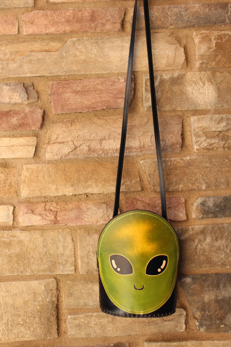 Handmade Genuine Leather Alien-shaped Backpack / Cross-body Bag, Backpack, Hand-painted Craft Bag, Creative Backpack