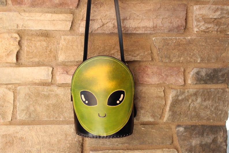 Handmade Genuine Leather Alien-shaped Backpack / Cross-body Bag, Backpack, Hand-painted Craft Bag, Creative Backpack