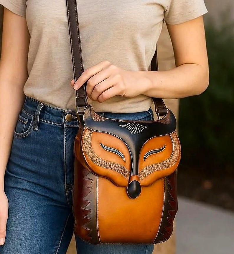 Genuine Handmade Leather Fox Pattern Crossbody Bag, Original Design Shoulder Bag, Cute Cartoon Bag, Animal-themed Bag, Phone Bag