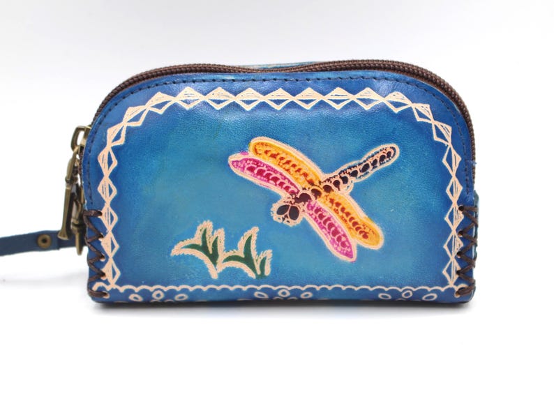 Genuine Handmade Leather Dragonfly-patterned Wristlet Coin Purse Wallet Coin Pouch Card Holder Small Change Pouch Mini Bag (Multiple Colors)