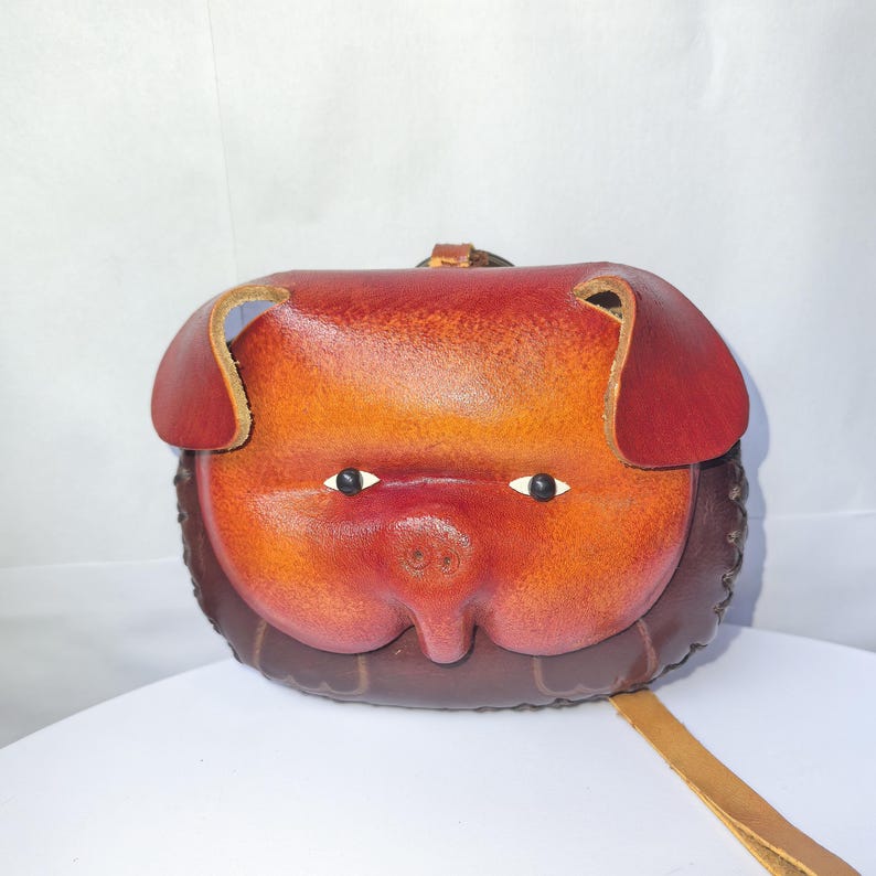Leather Pig Wristlet Coin Purse Wallet in Brown mini wallet, coin bag, candy pouch, cartoon small card bag gift bag