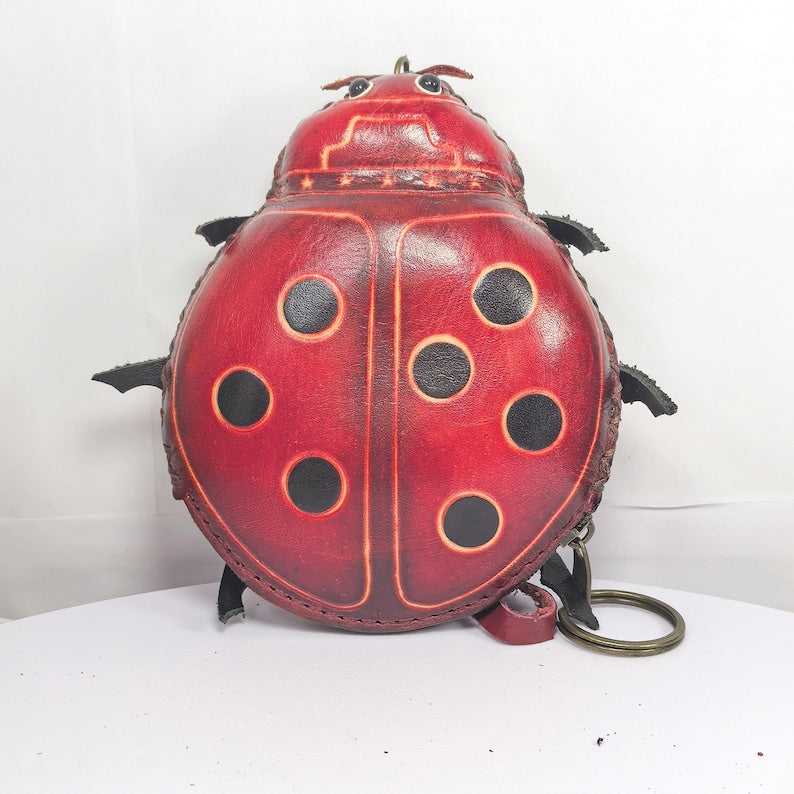 Genuine Handmade Leather Ladybug Coin Purse / Wristlet / Wallet