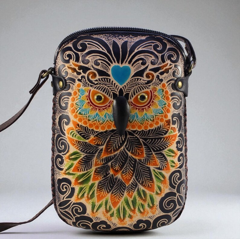 Handmade leather owl crossbody bag, shoulder bag, Cross-body Purse ,animal cartoon bag, phone bag, mini small satchel