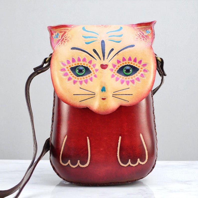 Handmade Genuine Leather Sugar Skull Cat Purse / Crossbody