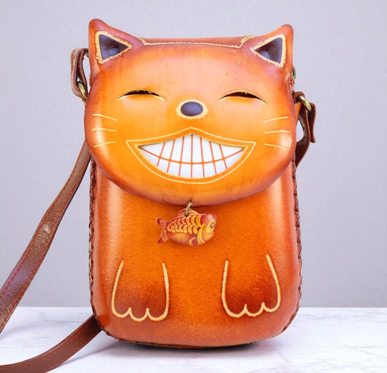 Handmade Genuine Leather Happy Cat Purse / Crossbody bag / phone bag /phone Purse