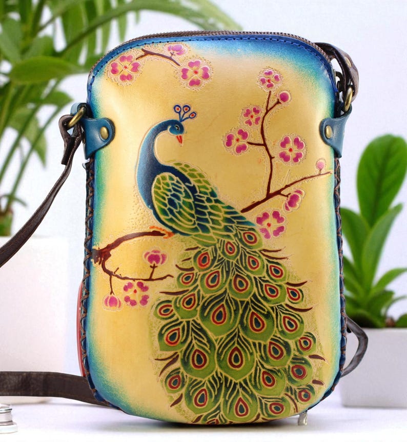 Genuine Handmade Leather Peacock Purse , Crossbody, Phone Bag, Shoulder Bag, Mini Bag, Animal-themed Bag, Cartoon Bag