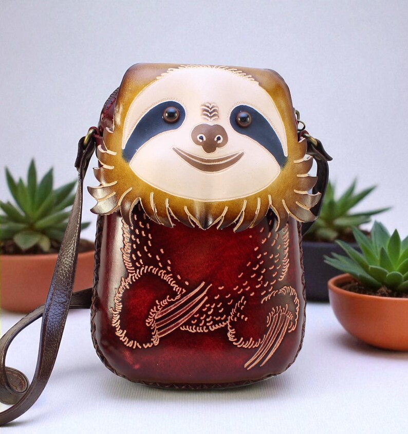 Genuine Handmade Leather Sloth Purse High-Quality Leather phone purse /Crossbody Bag with Adjustable Strap for Daily Use & Animal Lovers