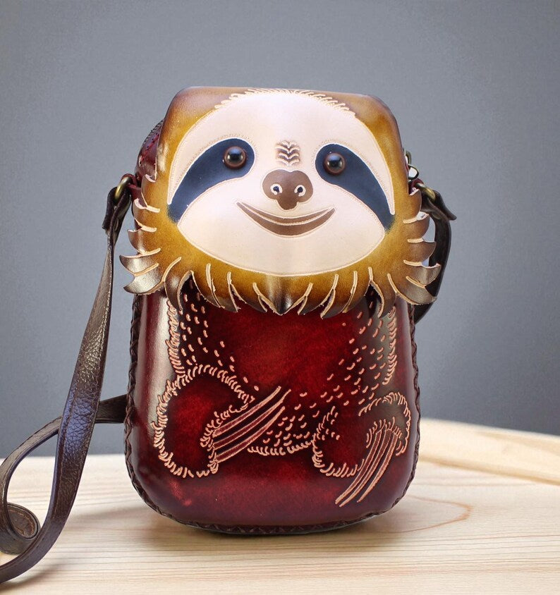 Genuine Handmade Leather Sloth Purse High-Quality Leather phone purse /Crossbody Bag with Adjustable Strap for Daily Use & Animal Lovers
