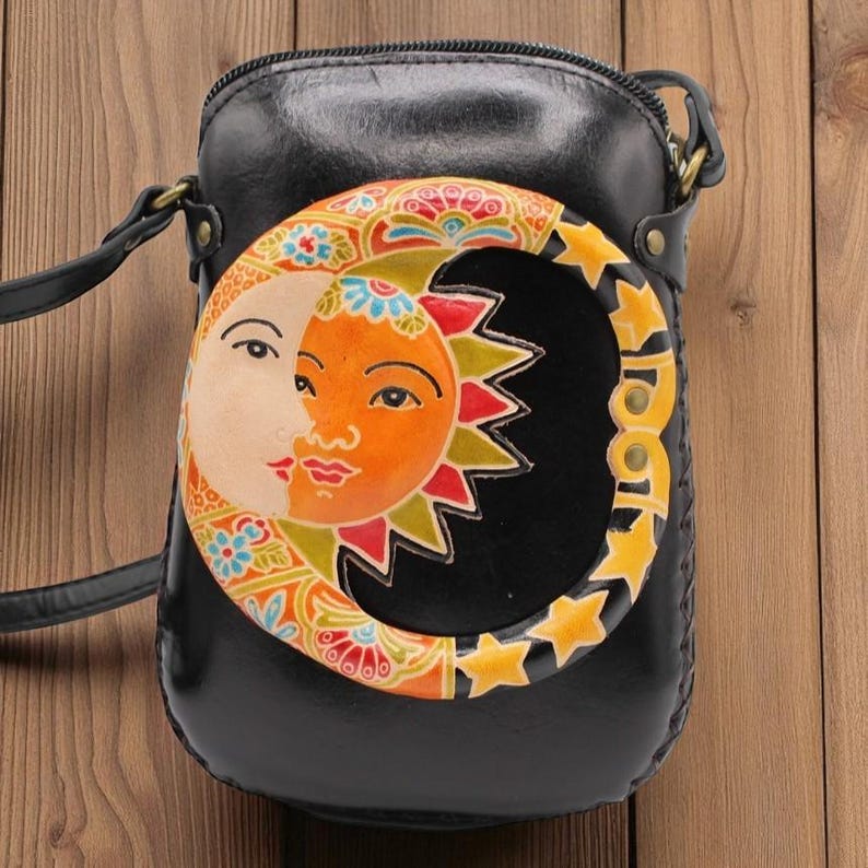 Genuine Handmade Leather Sun Moon Purse , Crossbody, Phone Bag, Shoulder Bag, Mini Bag, Animal-themed Bag, Cartoon Bag
