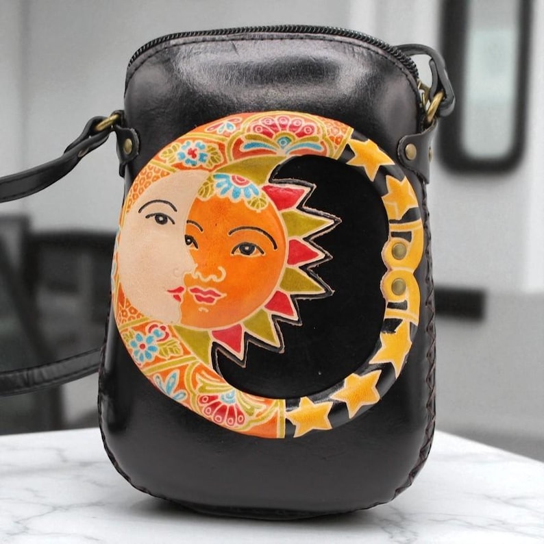 Genuine Handmade Leather Sun Moon Purse , Crossbody, Phone Bag, Shoulder Bag, Mini Bag, Animal-themed Bag, Cartoon Bag