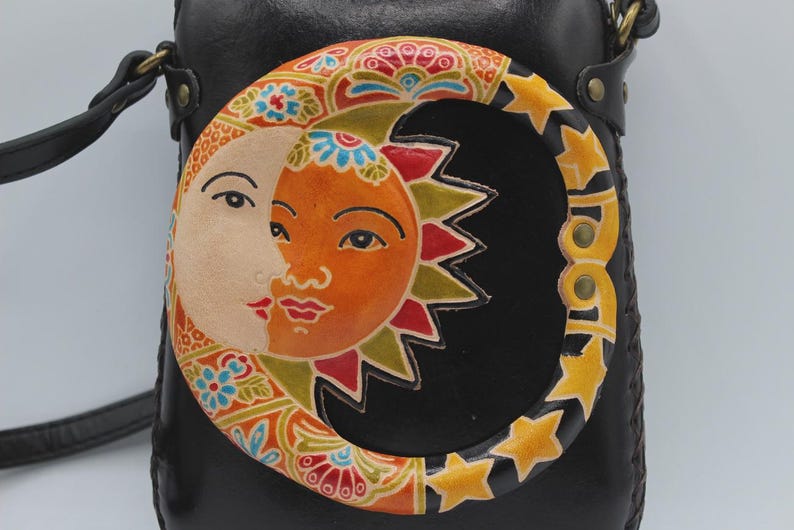 Genuine Handmade Leather Sun Moon Purse , Crossbody, Phone Bag, Shoulder Bag, Mini Bag, Animal-themed Bag, Cartoon Bag