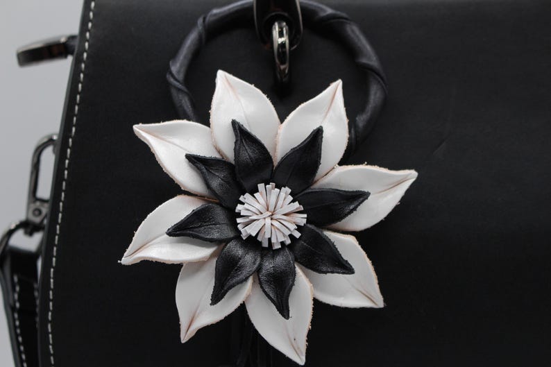 Genuine Handmade Leather Flower Keychain daisy purse charm bag charm (Black and White)