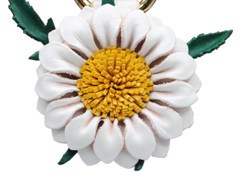 Genuine Handmade Leather Flower Keychain sunflower purse charm bag charm (White, Yellow)