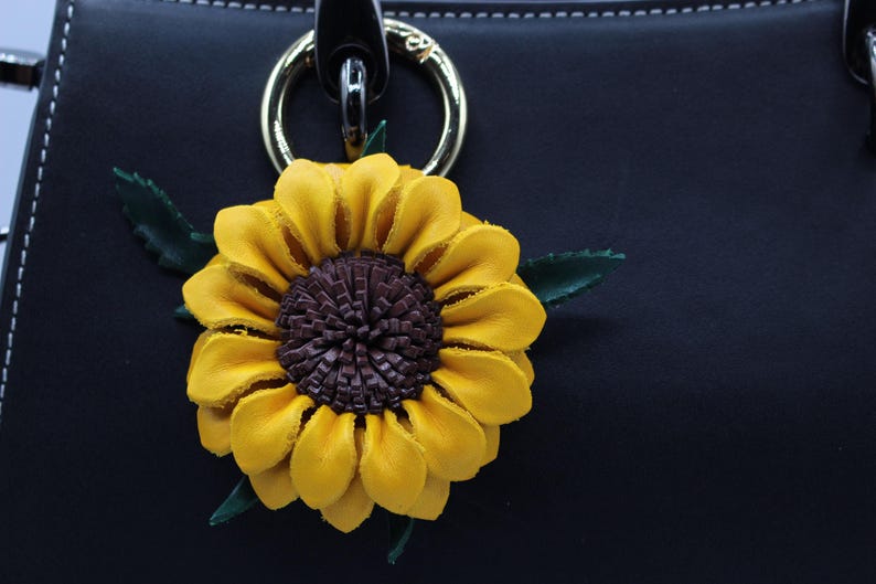 Genuine Handmade Leather Flower Keychain sunflower purse charm bag charm (White, Yellow)