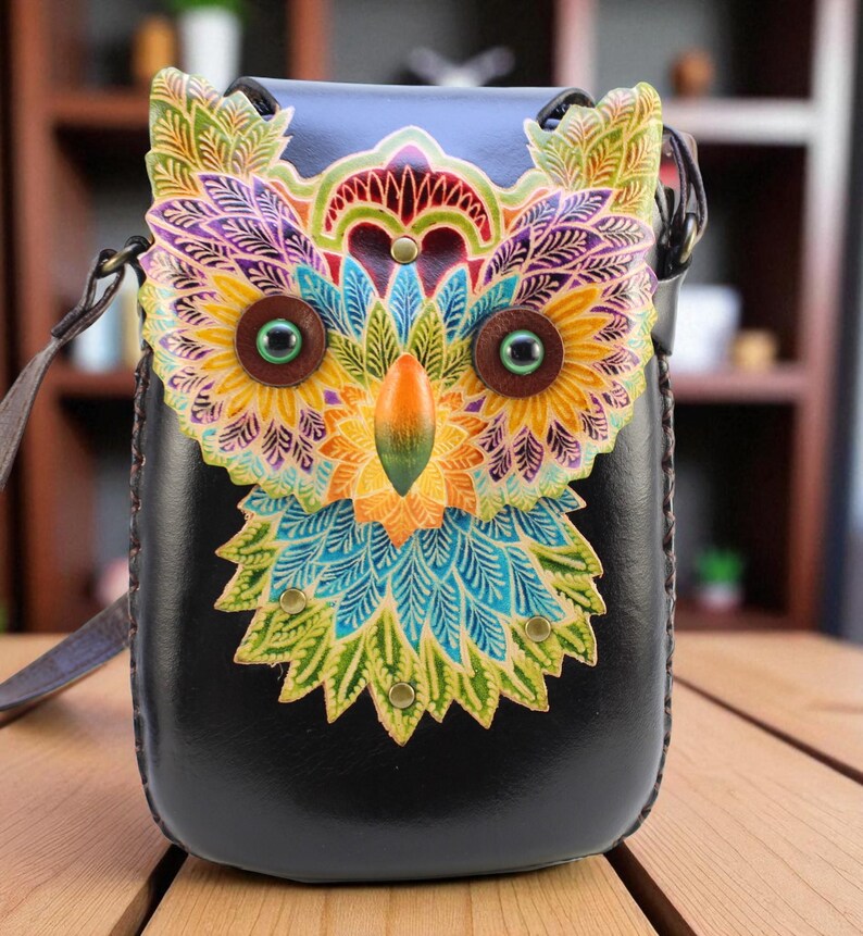 Genuine Handmade Leather Colorful Owl Purse / Crossbody