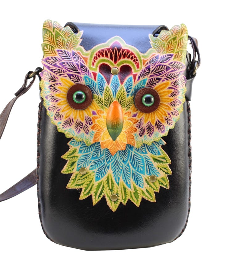 Genuine Handmade Leather Colorful Owl Purse / Crossbody