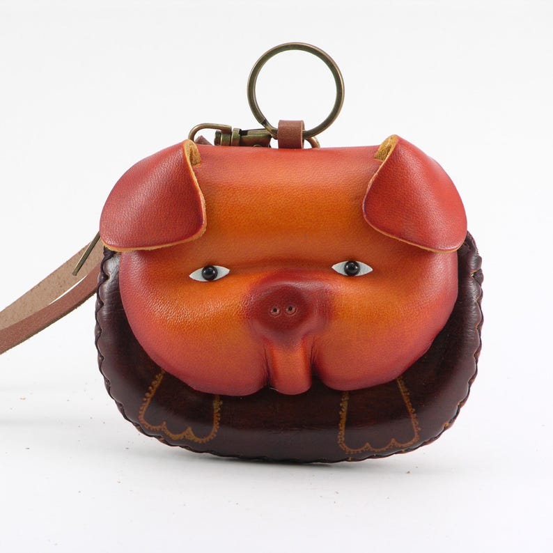 Leather Pig Wristlet Coin Purse Wallet in Brown mini wallet, coin bag, candy pouch, cartoon small card bag gift bag