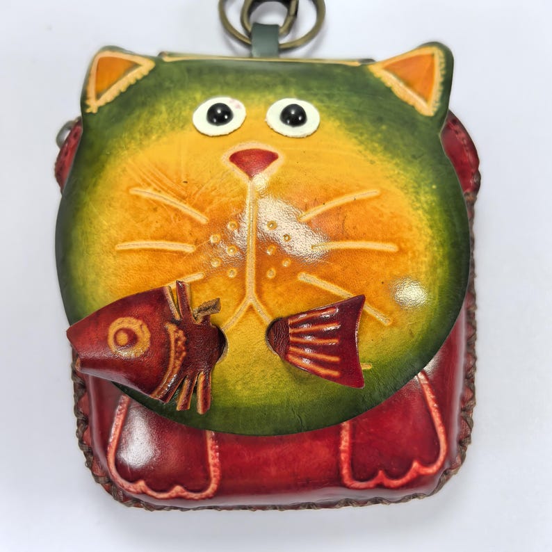 Genuine Handmade Leather Cat with Fish Wristlet / Coin Purse / Wallet /holiday gift, Christmas present, small gift, or cartoon coin purse