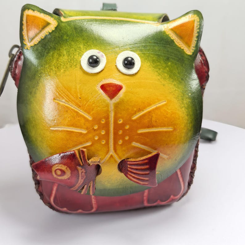 Genuine Handmade Leather Cat with Fish Wristlet / Coin Purse / Wallet /holiday gift, Christmas present, small gift, or cartoon coin purse