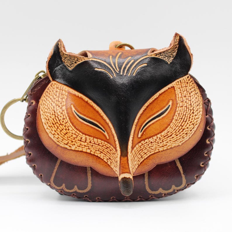 Leather fox Wristlet Coin Purse Wallet in Brown mini wallet, coin bag, candy pouch, cartoon small card bag gift bag