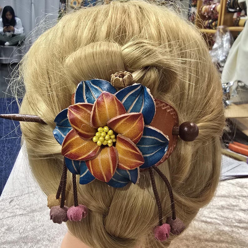 Genuine Handmade Leather Flower Hair Stick / Hair Clip - Hair Accessory,barrettes