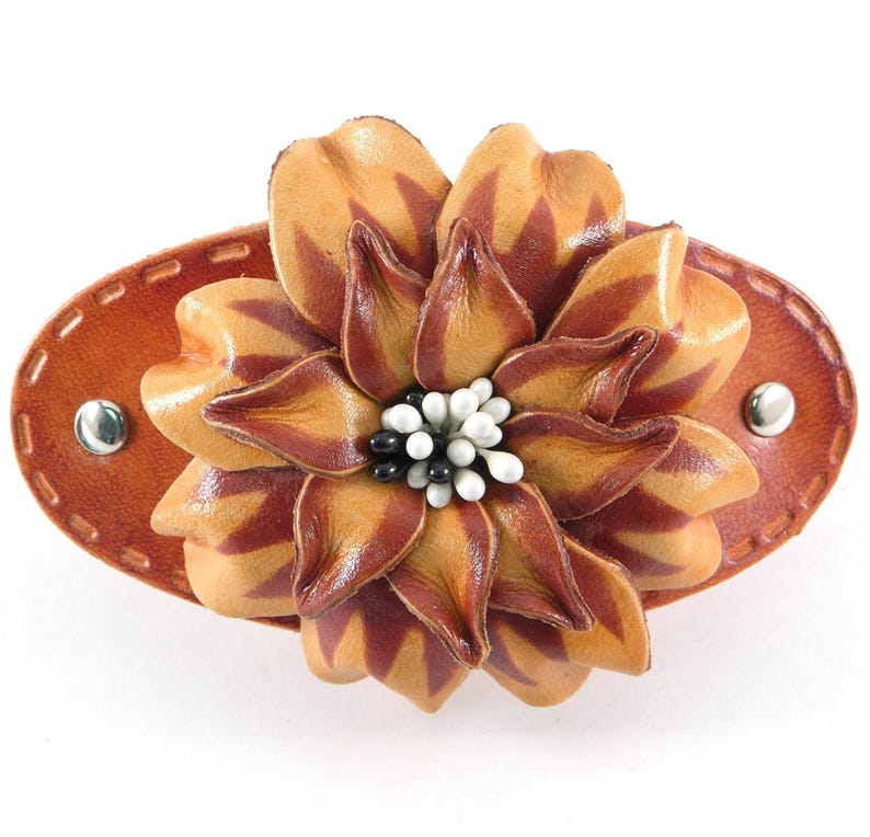 Genuine Handmade Leather Flower Barrette with Stick/Clip