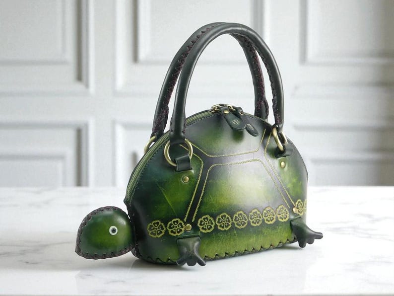 Genuine Handmade Leather Green Turtle Handbag tote bag