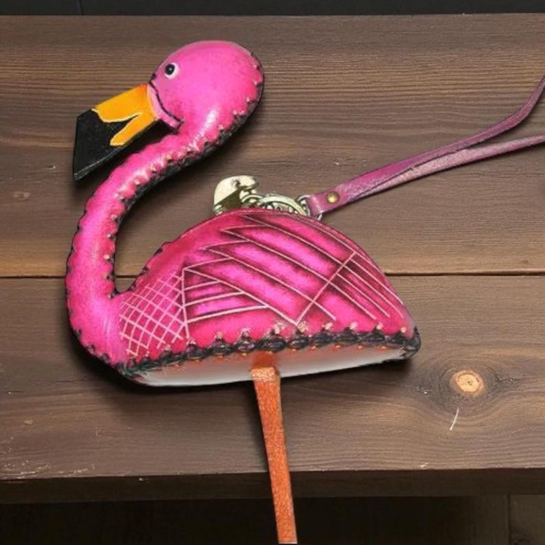 Genuine Handmade Leather Flamingo Wristlet / Coin Purse / Wallet - Animal-themed Mini Bag, Coin Pouch, Original Design, Hand-painted