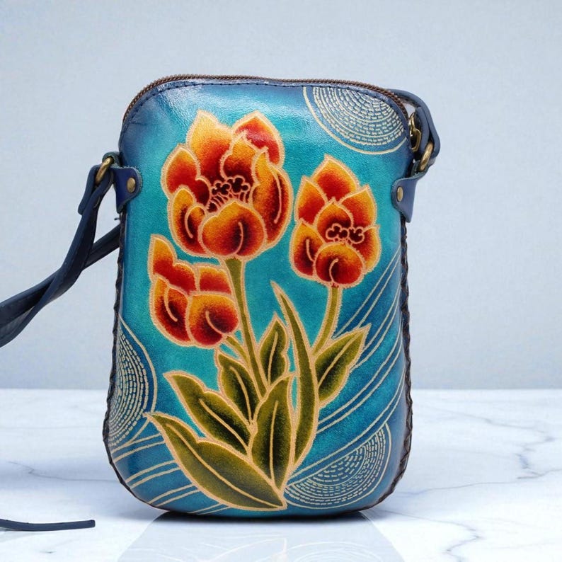 Genuine Handmade Leather Tulip Purse / Crossbody/ Phone Bag, Shoulder Bag, Mini Bag, Animal-themed Bag, Cartoon Bag