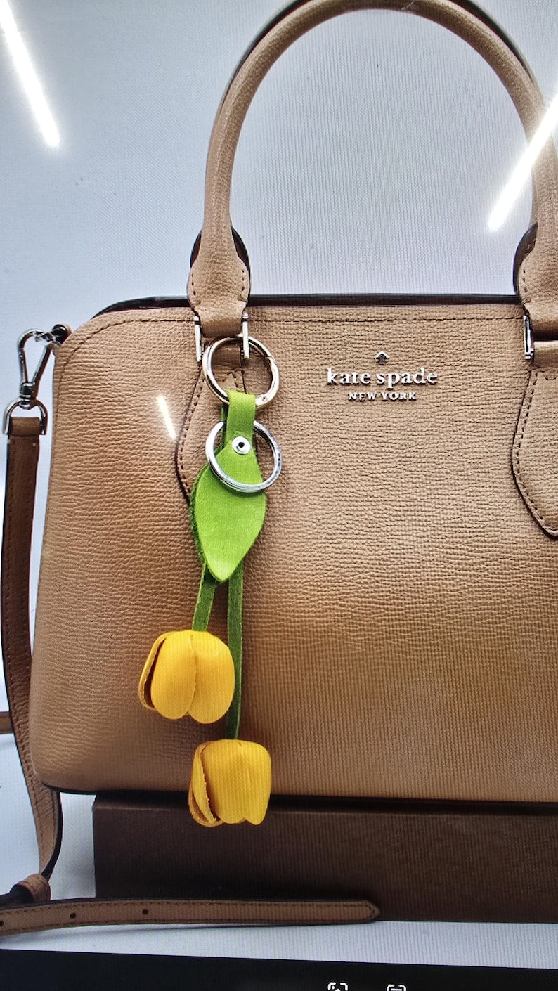 Genuine Handmade Leather Flower Keychain tulip purse charm bag charm yellow