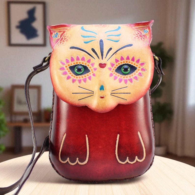 Handmade Genuine Leather Sugar Skull Cat Purse / Crossbody
