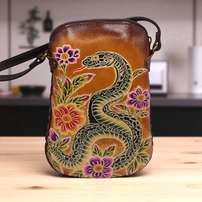 Genuine Handmade Leather Snake Purse , Crossbody, Phone Bag, Shoulder Bag, Mini Bag, Animal-themed Bag, Cartoon Bag