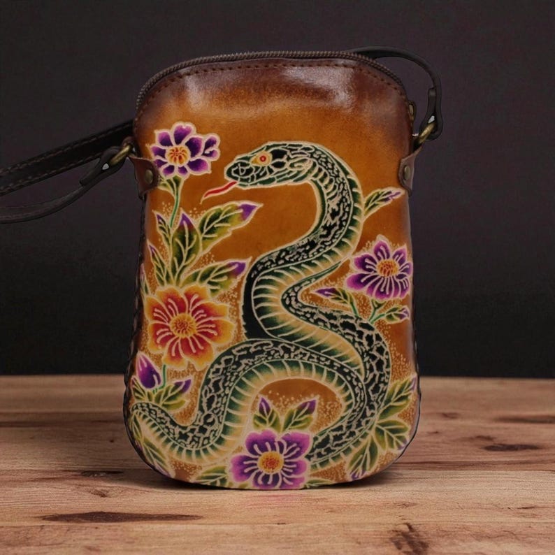 Genuine Handmade Leather Snake Purse , Crossbody, Phone Bag, Shoulder Bag, Mini Bag, Animal-themed Bag, Cartoon Bag