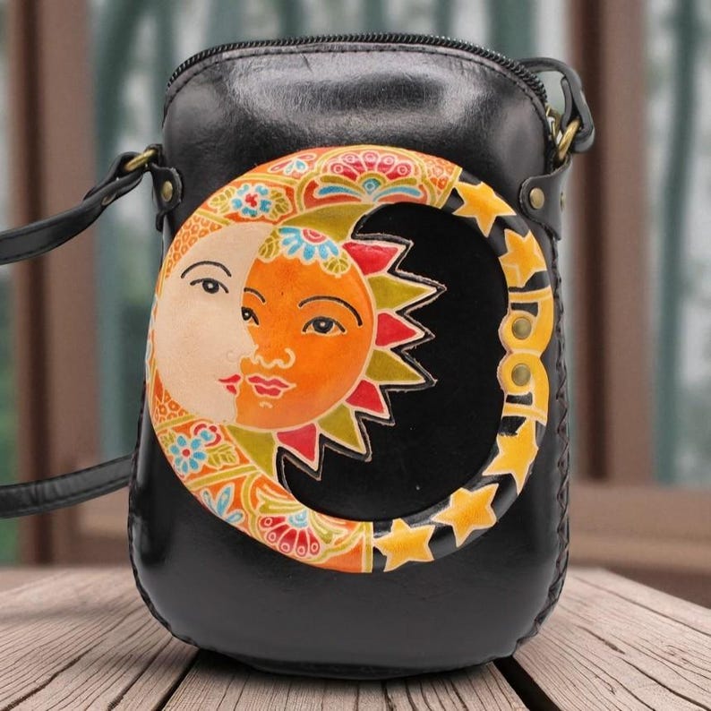 Genuine Handmade Leather Sun Moon Purse , Crossbody, Phone Bag, Shoulder Bag, Mini Bag, Animal-themed Bag, Cartoon Bag