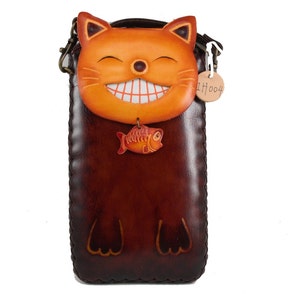 Handmade Genuine Leather Happy Cat XXL Cell Phone Case / Crossbody Bag / Cartoon Animal Phone Bag / Small Crossbody Bag / Mini Bag