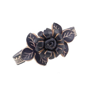 Handmade Genuine Leather Black Flower Bracelet, Floral Jewelry, Leather Bracelet, Christmas Bracelet