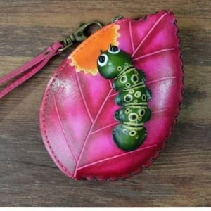 Genuine Handmade Leather Caterpillar on Leaf Coin Purse
