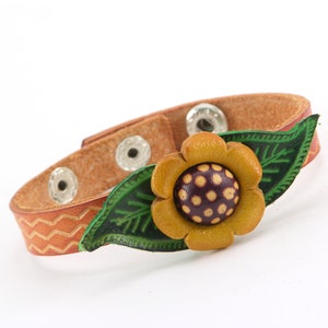 Handmade Genuine Leather Sunflower Bracelet - Original Design Wristband Floral Jewelry Leather Bracelet Christmas Bracelet