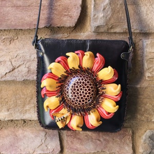 Genuine Handmade Leather 3D Sunflower Crossbody Purse/Pouch