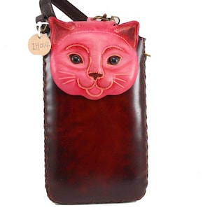 Cross - body Handmade Genuine Leather Phone Case Phone Bag Cross - body Bag Animal - Cartoon Small Bag Mini Small Bag Pink Cat Style