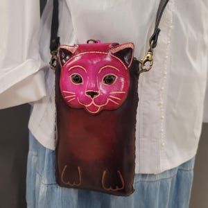 Cross - body Handmade Genuine Leather Phone Case Phone Bag Cross - body Bag Animal - Cartoon Small Bag Mini Small Bag Pink Cat Style