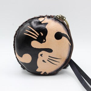Genuine Handmade Leather Yin Yang Cat Wristlet / Coin Purse / Wallet