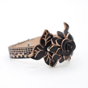 Handmade Genuine Leather Black Flower Bracelet, Floral Jewelry, Leather Bracelet, Christmas Bracelet