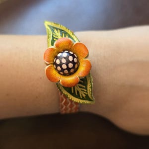 Handmade Genuine Leather Sunflower Bracelet - Original Design Wristband Floral Jewelry Leather Bracelet Christmas Bracelet
